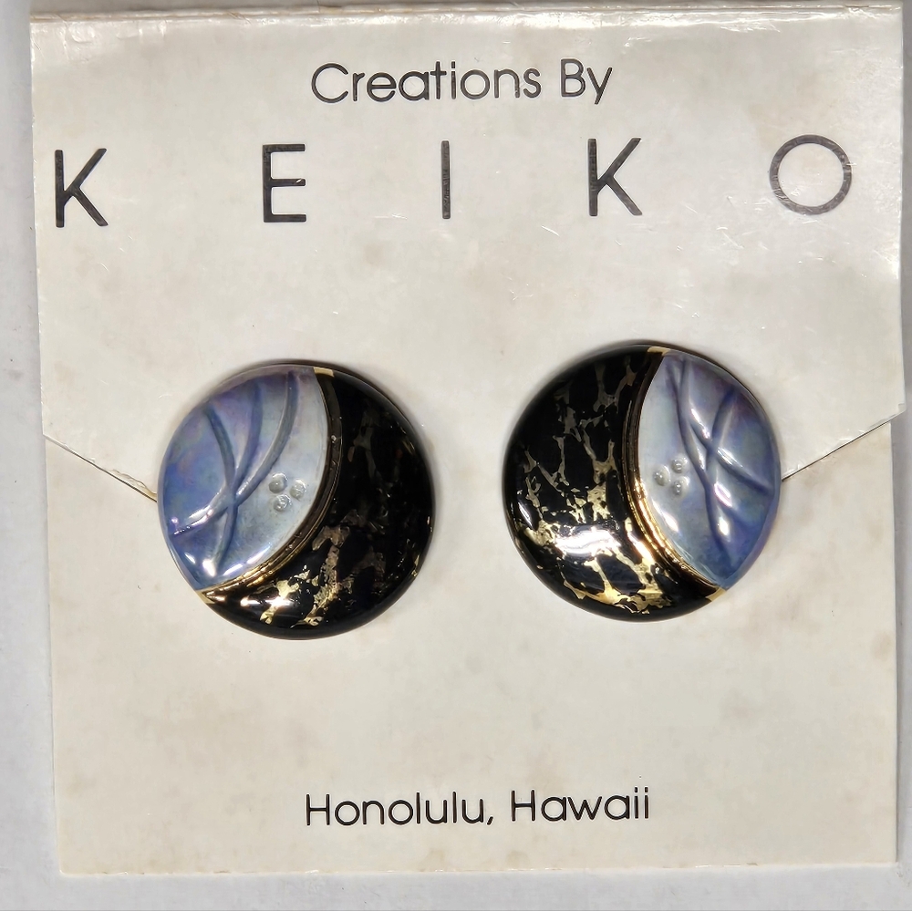 Vntg Creations By Keiko Ceramic Clip  Earrings EUC 7/8" Diameter